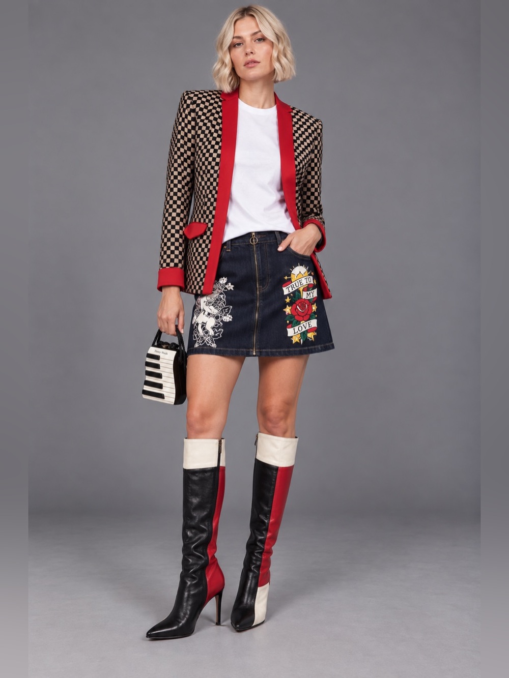 Vintage checkered black, White & red jacket blazer and red zip top w/ pocket- M